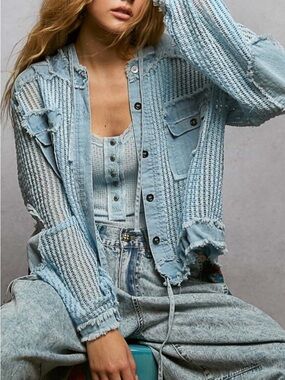 #185 POL Light Blue Distressed Open-Knit Jacket